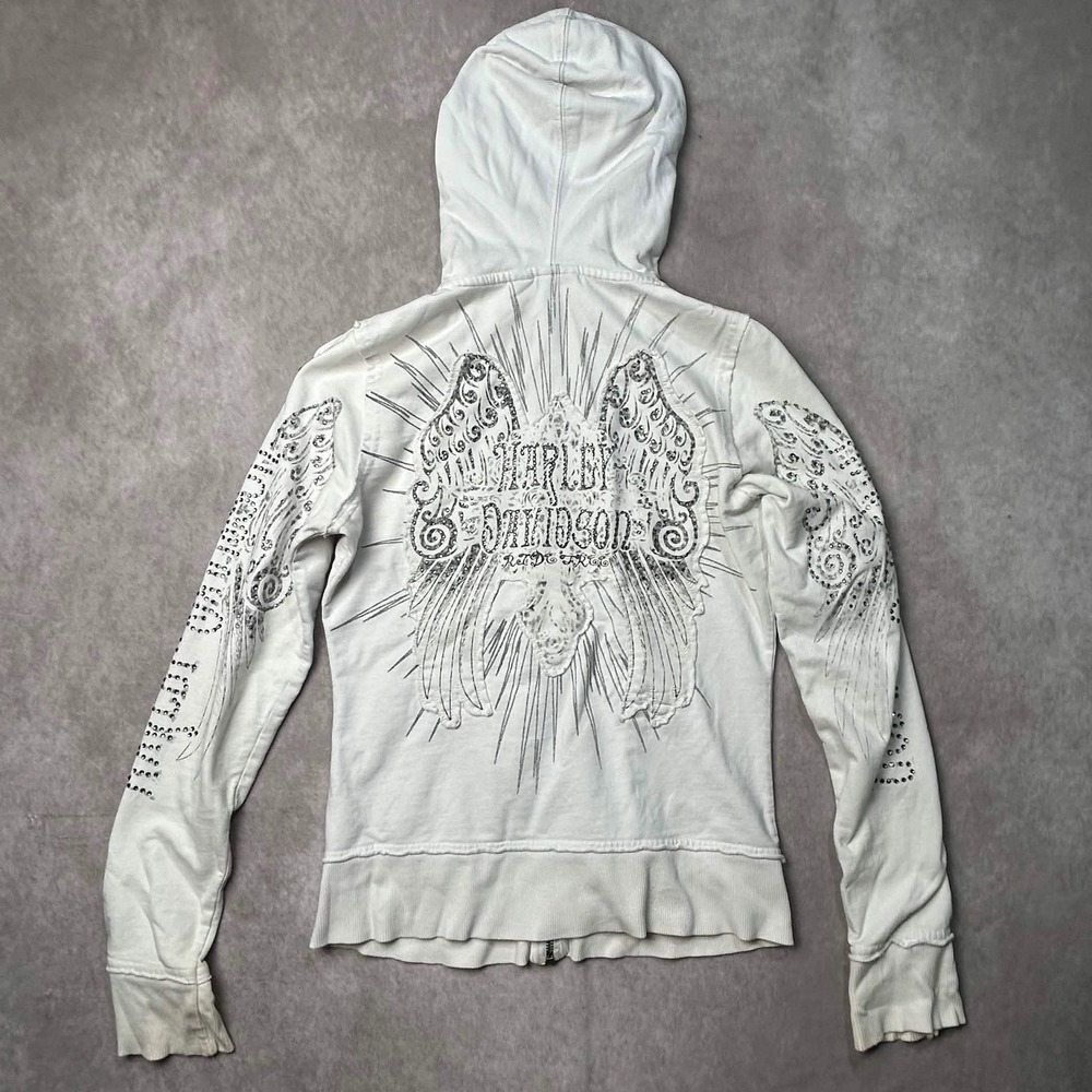 Harley Davidson White Rhinestone Wings Zip Up Hoodie Y2K Biker XS Distressed*